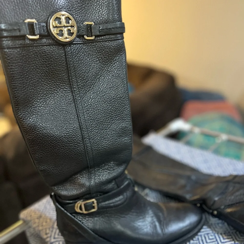 Tory Burch Calista Tall Leather Riding Boots Black Knee High - Picture 5 of 6